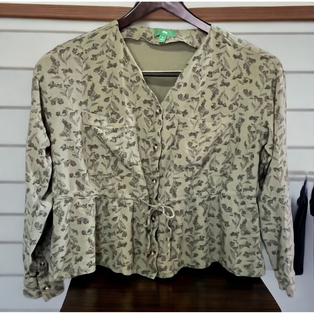 Dip Womens Floral Shirt Size M Green Long Sleeve Button Down Tie Waist